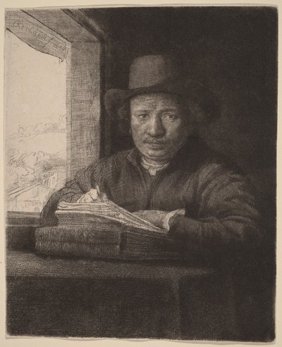 Autoportret – akwaforta przy oknie autorstwa Rembrandt van Rijn