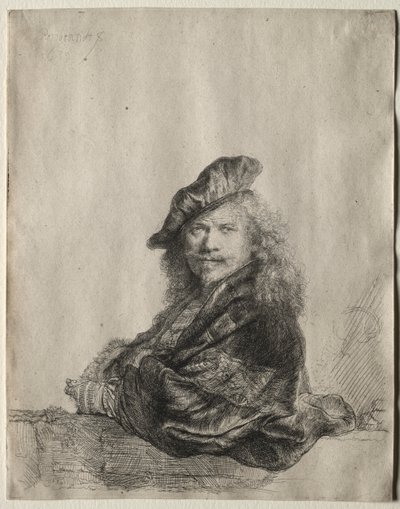 Autoportret oparty o kamienny parapet autorstwa Rembrandt van Rijn