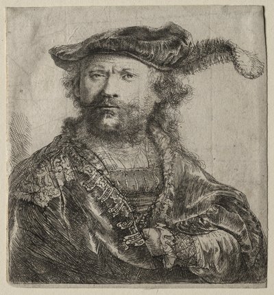 Autoportret w aksamitnej czapce z pióropuszem, 1638. autorstwa Rembrandt van Rijn
