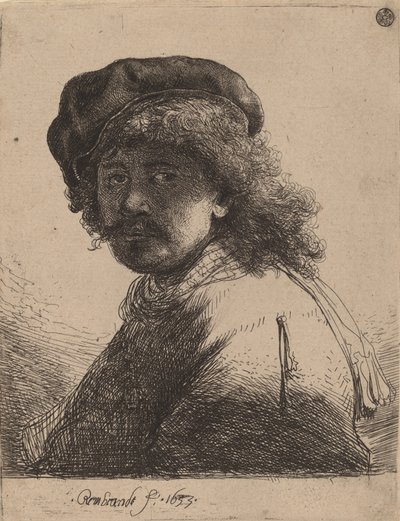Autoportret w czapce i szaliku z ciemną twarzą, 1633. autorstwa Rembrandt van Rijn