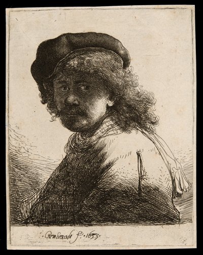 Autoportret w czapce i szaliku z ciemną twarzą: biust autorstwa Rembrandt van Rijn