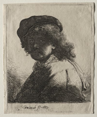 Autoportret w czapce i szaliku z ciemną twarzą: biust autorstwa Rembrandt van Rijn