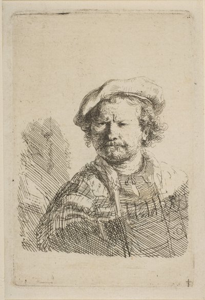 Autoportret w kaszkiecie i haftowanej sukience, ca. 1642. autorstwa Rembrandt van Rijn