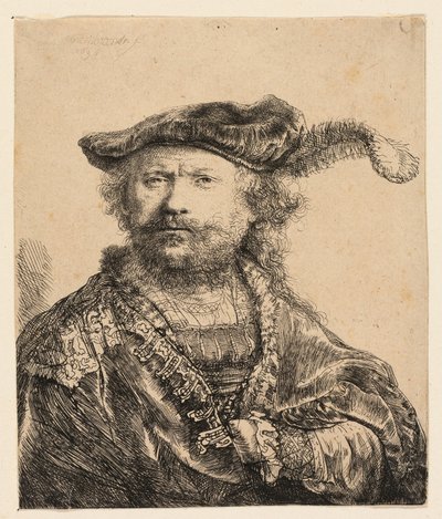 Autoportret w aksamitnej czapce z pióropuszem autorstwa Rembrandt van Rijn