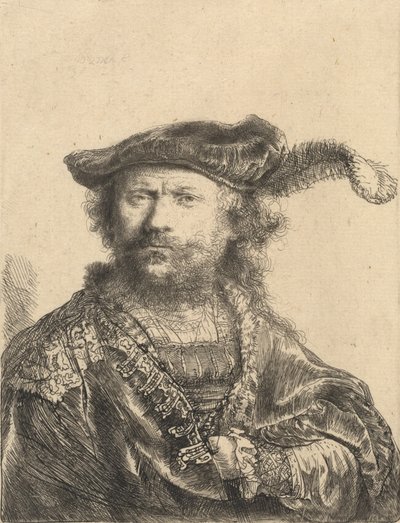 Autoportret w aksamitnej czapce z pióropuszem, 1638. autorstwa Rembrandt van Rijn
