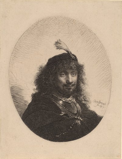 Autoportret z czapką z pióropuszem i opuszczoną szablą, 1634. autorstwa Rembrandt van Rijn