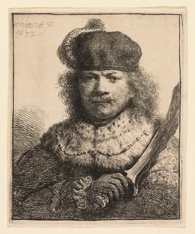 Autoportret z podniesioną szablą autorstwa Rembrandt van Rijn