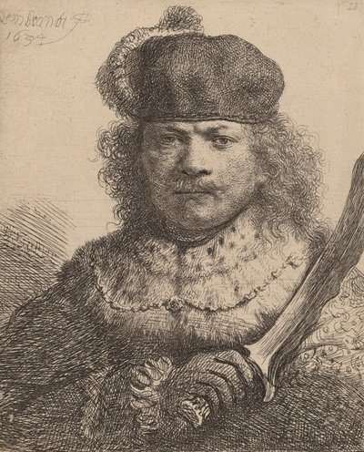 Autoportret z podniesioną szablą, 1634. autorstwa Rembrandt van Rijn