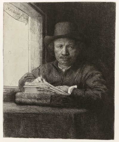 Autoportret, akwaforta w oknie Akwaforta autoportretu w oknie autorstwa Rembrandt van Rijn