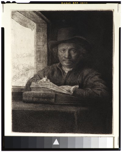 Autoportret, akwaforta przy oknie, 1648 (akwaforta i rycina na papierze kładzionym) autorstwa Rembrandt van Rijn