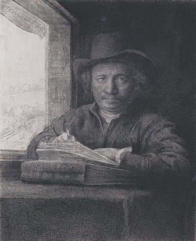 Autoportret, akwaforta na oknie, 1648 (akwaforta i grawer na papierze czerpanym) autorstwa Rembrandt van Rijn