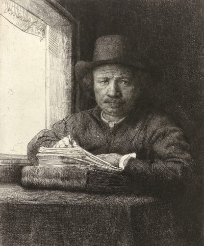 Akwaforta autoportret na oknie, 1648 autorstwa Rembrandt van Rijn