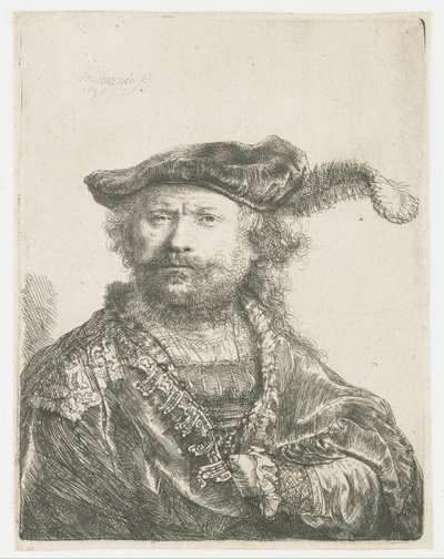 Autoportret w aksamitnej czapce z pióropuszem Autoportret w aksamitnej czapce z pióropuszem autorstwa Rembrandt van Rijn