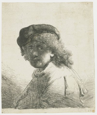 Autoportret w czapce i szaliku z ciemną twarzą: biust autorstwa Rembrandt van Rijn
