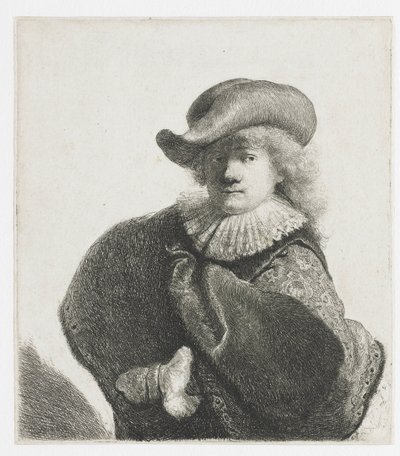 Autoportret w miękkim kapeluszu i wzorzystym płaszczu autorstwa Rembrandt van Rijn