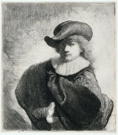Autoportret w miękkim kapeluszu i haftowanym płaszczu, 1631. autorstwa Rembrandt van Rijn