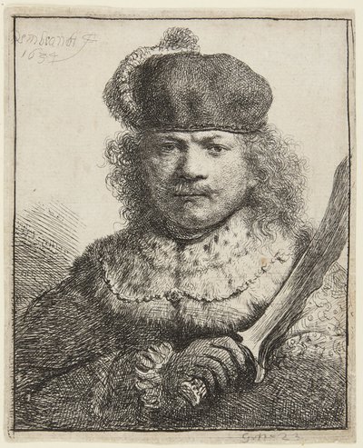 Autoportret z uniesioną szablą autorstwa Rembrandt van Rijn