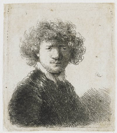 Autoportret z kręconymi włosami i białym kołnierzykiem: biust autorstwa Rembrandt van Rijn