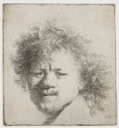 Autoportret z długimi, krzaczastymi włosami: tylko głowa autorstwa Rembrandt van Rijn