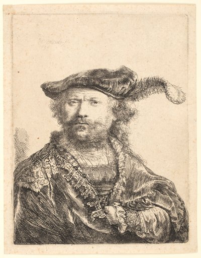 Autoportret w aksamitnej czapce z pióropuszem autorstwa Rembrandt van Rijn