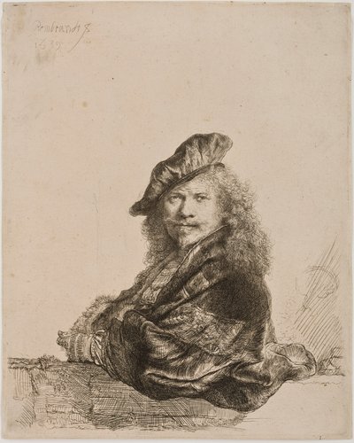 Autoportret oparty o parapet, 1639 (akwaforta i sucha igła) autorstwa Rembrandt van Rijn