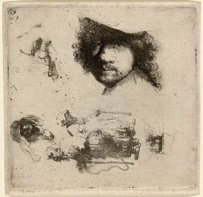 Arkusz studiów: głowa artysty, para żebraków, głowy starca i staruszki itp. autorstwa Rembrandt van Rijn