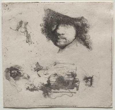 Arkusz studiów: Autoportret, para żebraków itp. autorstwa Rembrandt van Rijn