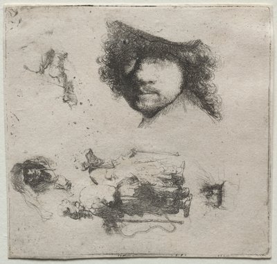 Arkusz studiów: Autoportret, para żebraków itp., ok. 1930 1632. autorstwa Rembrandt van Rijn