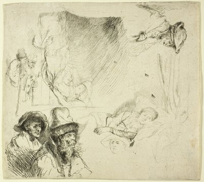 Arkusz studiów z kobietą leżącą chorą w łóżku autorstwa Rembrandt van Rijn