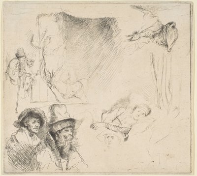 Arkusz studiów z kobietą leżącą chorą w łóżku itp., ok. godz. 164142. autorstwa Rembrandt van Rijn