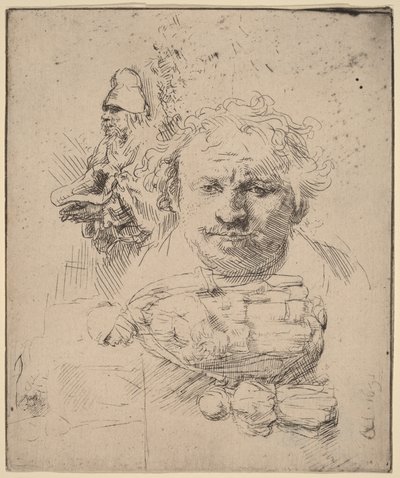 Arkusz z rysunkami przedstawiającymi głowę artysty, żebraka oraz kobietę z dzieckiem autorstwa Rembrandt van Rijn