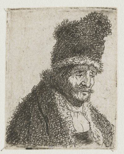 Zbiór rysunków przedstawiających głowy mężczyzn: starszy mężczyzna w futrze i wysokiej czapce autorstwa Rembrandt van Rijn