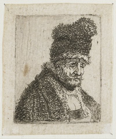 Zbiór rysunków przedstawiających głowy mężczyzn: starszy mężczyzna w futrze i wysokiej czapce autorstwa Rembrandt van Rijn