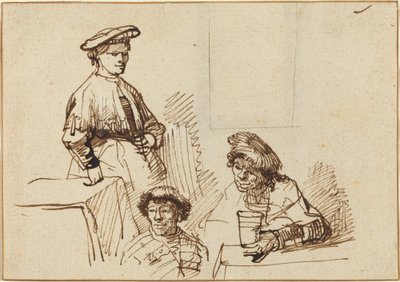 Szkice z tawerny: kobieta stojąca i dwóch siedzących mężczyzn autorstwa Rembrandt van Rijn