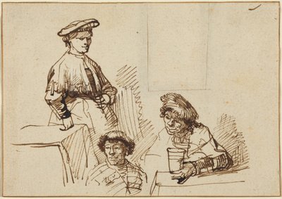 Szkice z tawerny: stojąca kobieta i dwóch siedzących mężczyzn autorstwa Rembrandt van Rijn