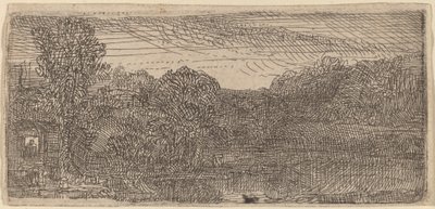 Mały szary krajobraz: dom i drzewa przy basenie autorstwa Rembrandt van Rijn