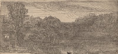 Mały szary pejzaż: dom i drzewa nad sadzawką, ok. godz. 1640. autorstwa Rembrandt van Rijn