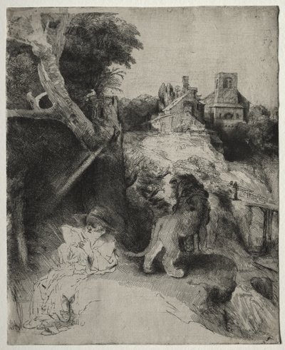 Św. Hieronim czytanie we włoskim krajobrazie autorstwa Rembrandt van Rijn