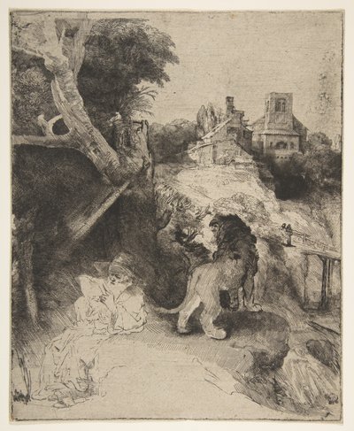 Św. Hieronima w pejzażu włoskim, ca. 1653. autorstwa Rembrandt van Rijn
