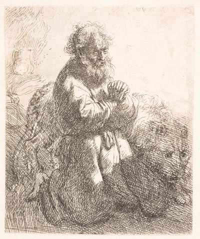 Św. Hieronim klęczący w modlitwie, spoglądający w dół autorstwa Rembrandt van Rijn
