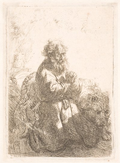 Św. Hieronim klęczący w modlitwie, spoglądający w dół autorstwa Rembrandt van Rijn