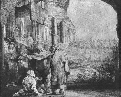 Św. Piotr i św. Jan przy wejściu do świątyni, 1649 (akwaforta) (zdjęcie bw) autorstwa Rembrandt van Rijn
