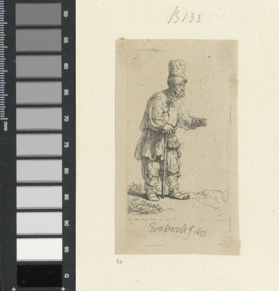 Stojący rolnik z wysokim nakryciem głowy, oparty na patyku Recueil de quatre-vingt-cinq estampes originales (tytuł serii) autorstwa Rembrandt van Rijn