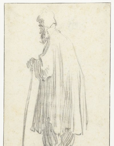 Stojący mężczyzna z kijem, zwrócony w lewo autorstwa Rembrandt van Rijn