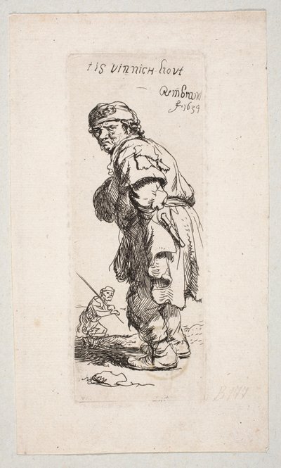 Stojący wieśniak zwrócony w lewo i postać z kijem w tle "Tis vinnich Kout" autorstwa Rembrandt van Rijn