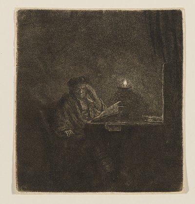 Student przy stole przy blasku świec autorstwa Rembrandt van Rijn