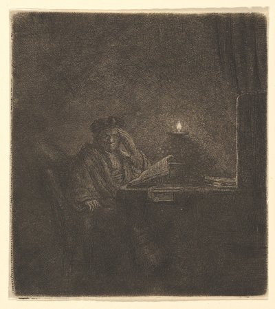 Uczeń przy stole przy świecach, ok. godz. 1642. autorstwa Rembrandt van Rijn