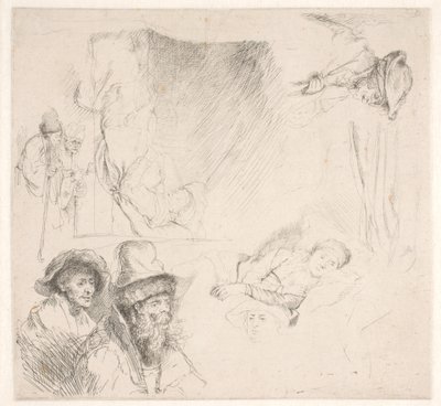 Studieblad, w tym przykuta do łóżka kobieta autorstwa Rembrandt van Rijn