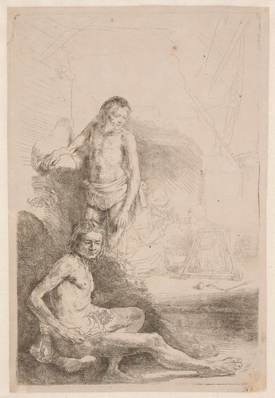 Studium aktów: jeden mężczyzna siedzący, a drugi stojący; w tle zarysowana z lekka postać kobiety z dzieckiem autorstwa Rembrandt van Rijn