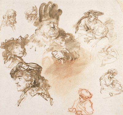 Studia głów starców i trzech kobiet z dziećmi, ok. 1635-36 (tusz i pranie na papierze) autorstwa Rembrandt van Rijn